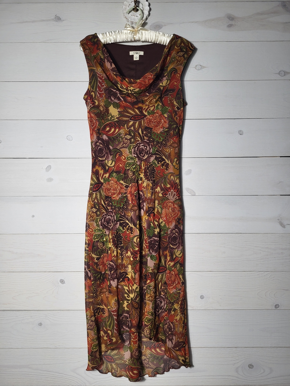 Cato Midi Dress Earthy Floral Beaded Sequin BOHO Cowl Neck High Low Hem.